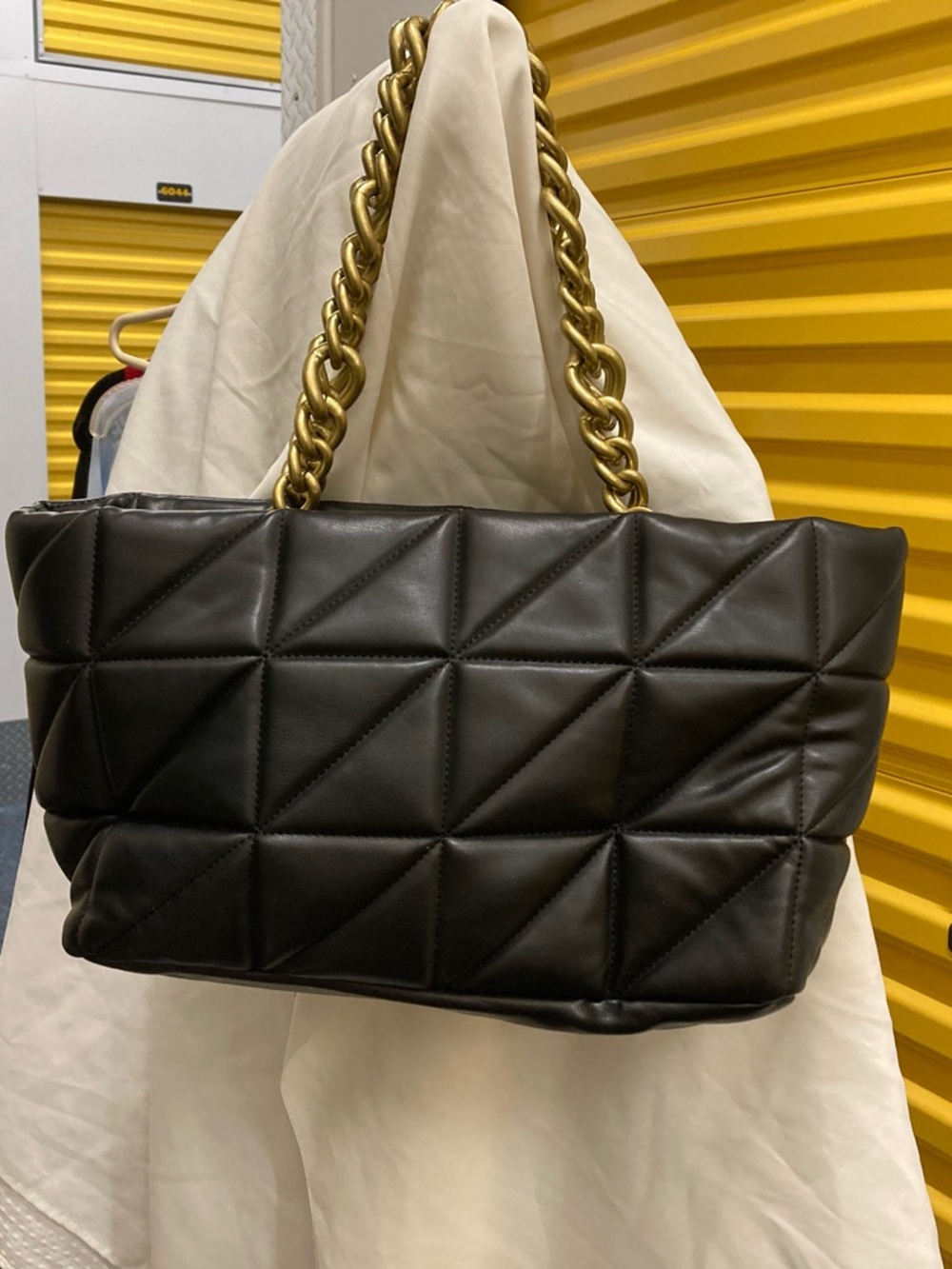Zara Black Quilted Shoulder Bag with Gold Chain Straps